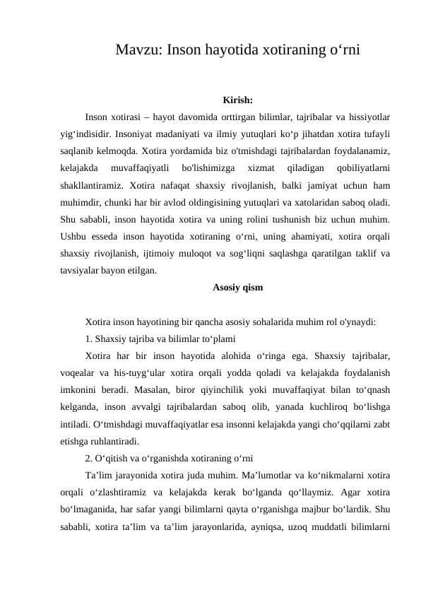 Inson hayotida xotiraning o‘rni