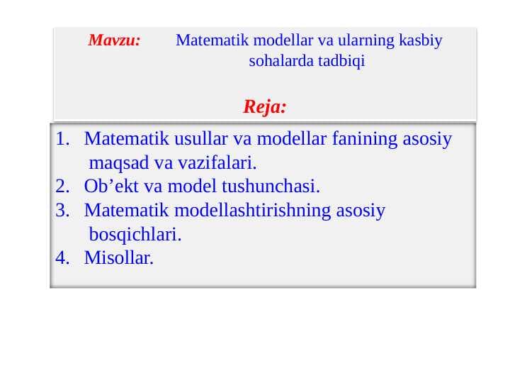 Matematik modellar va ularning kasbiy sohalarda tadbiqi
