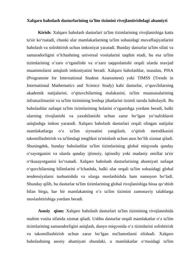 Xalqaro baholash dasturlarining ta'lim tizimini rivojlantirishdagi ahamiyti