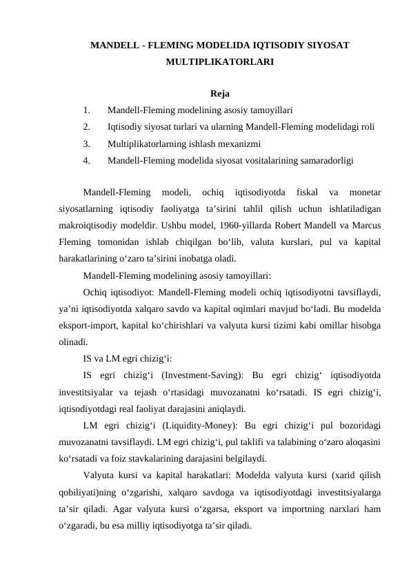 MANDELL - FLEMING MODELIDA IQTISODIY SIYOSAT MULTIPLIKATORLARI