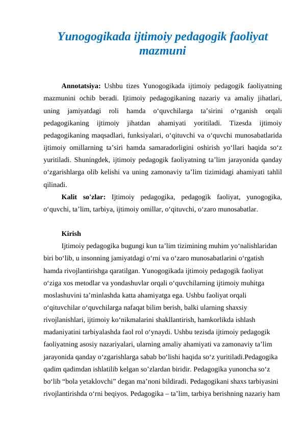 Yunogogikada ijtimoiy pedagogik faoliyat mazmuni
