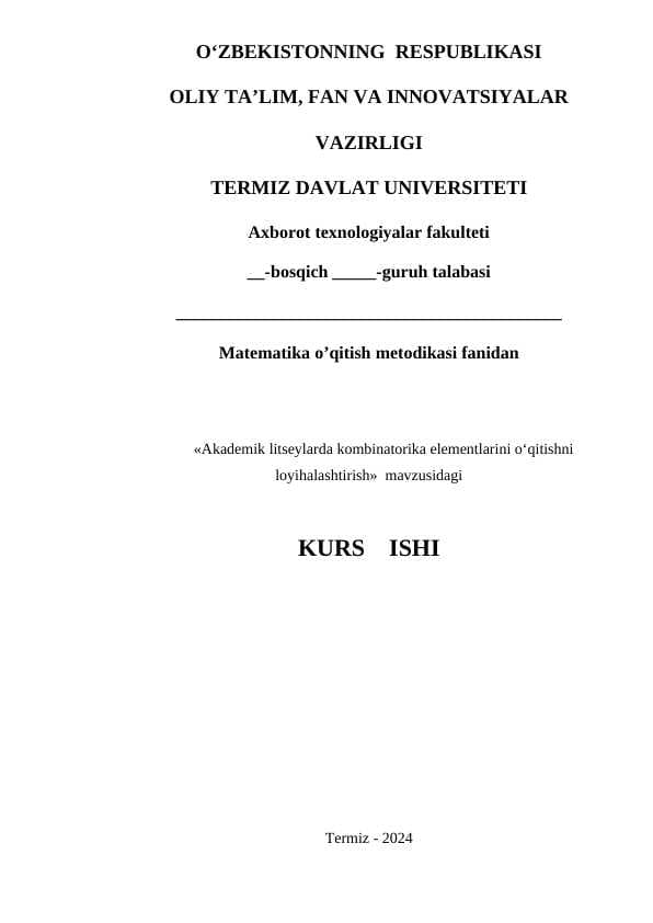 Akademik litseylarda kombinatorika elementlarini o‘qitishni loyihalashtirish