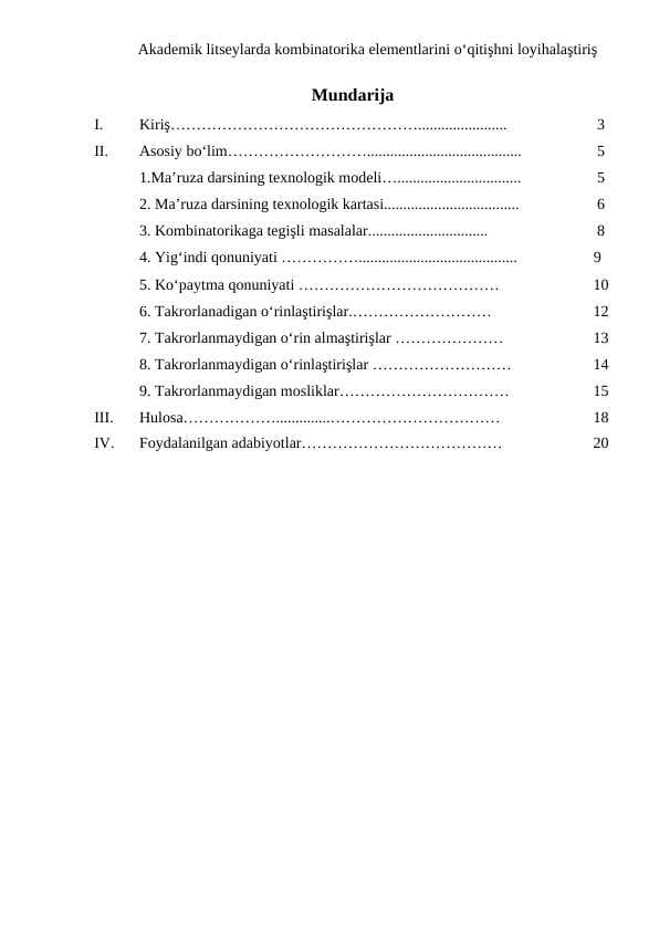 Akademik litseylarda kombinatorika elementlarini o‘qitişhni loyihalaştiriş