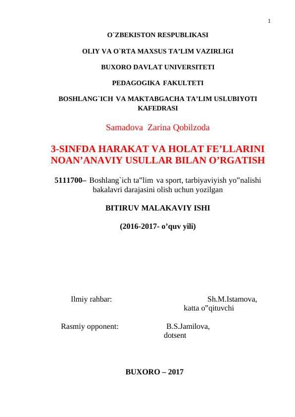 3-SINFDA HARAKAT VA HOLAT FE’LLARINI NOAN’ANAVIY USULLAR BILAN O’RGATISH