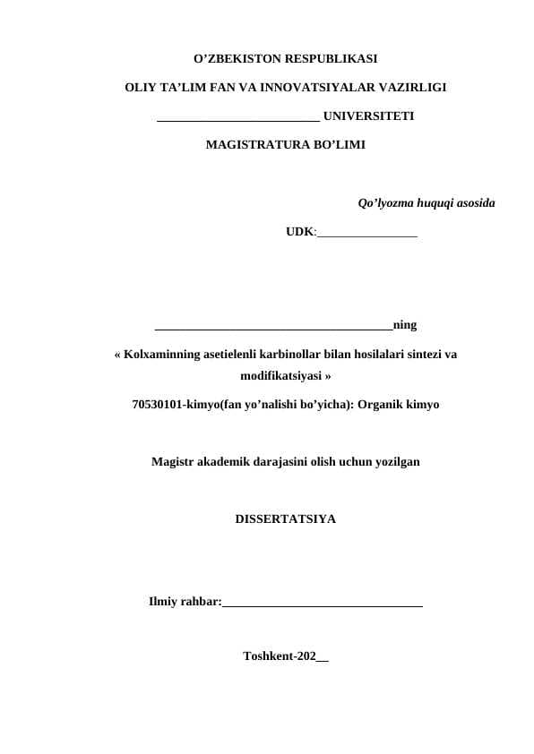 Kolxaminning asetielenli karbinollar bilan hosilalari sintezi va modifikatsiyasi