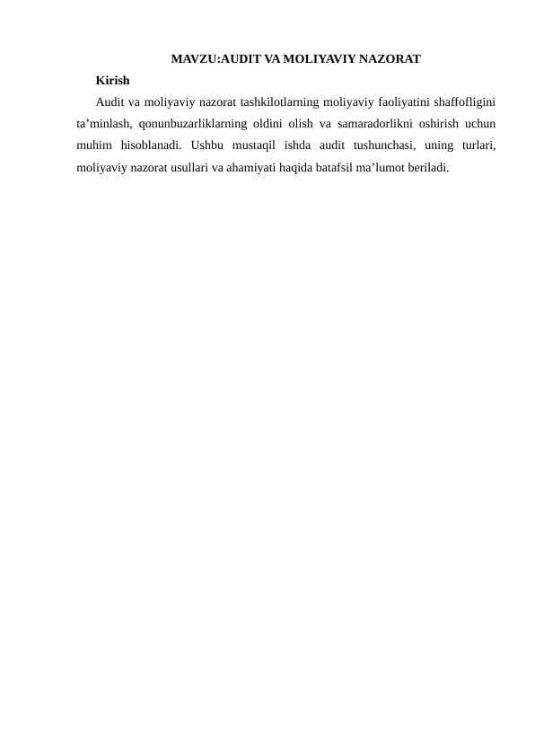 AUDIT VA MOLIYAVIY NAZORAT