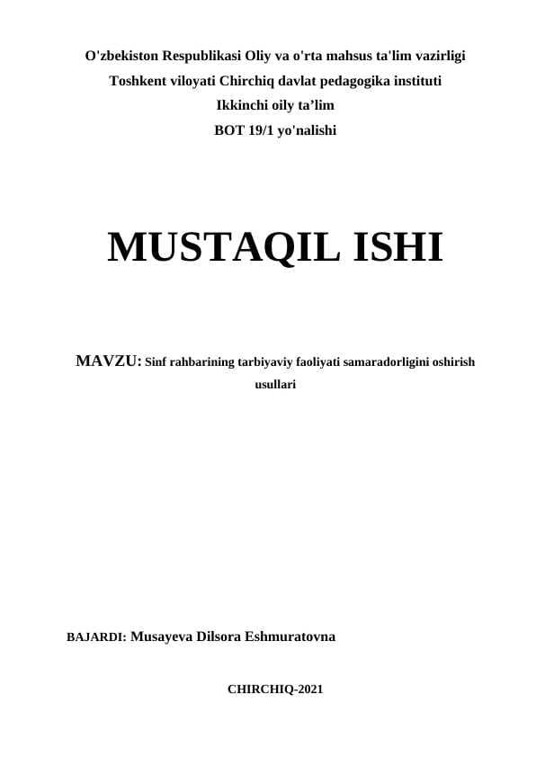 Sinf rahbarining tarbiyaviy faoliyati samaradorligini oshirish usullari