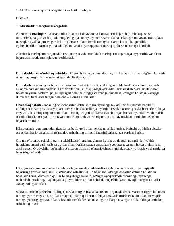 Akrabatik mashqlarini o’rgatish Akrobatik mashqlar