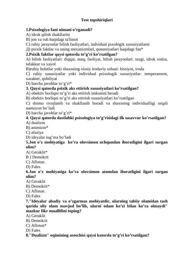 Psixologiya fanidan testlar, javoblari bilan