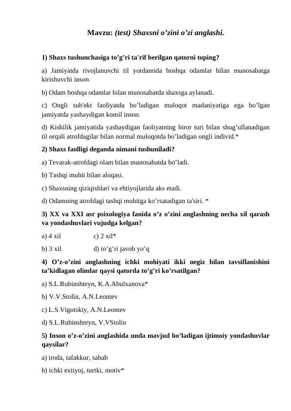 Shaxsni o'zini o'zi anglashi (test)
