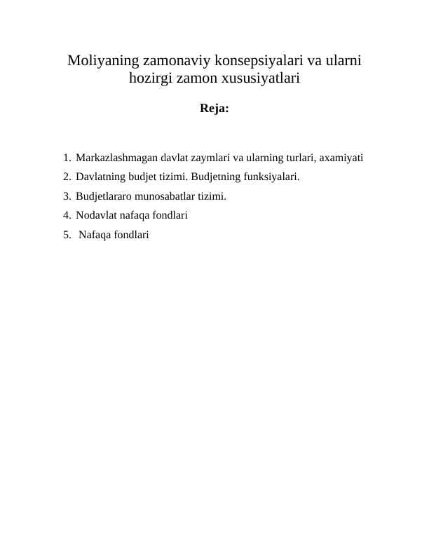 Moliyaning zamonaviy konsepsiyalari va ularni hozirgi zamon xususiyatlari