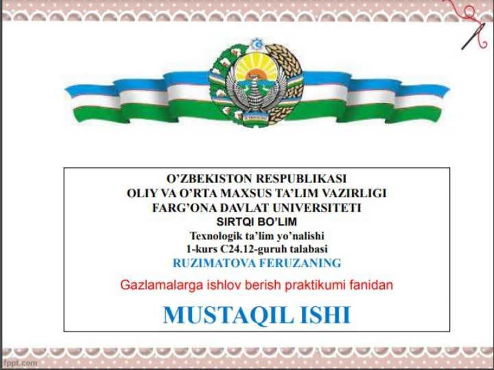 Qo'l choklaridan namunalar tikish.