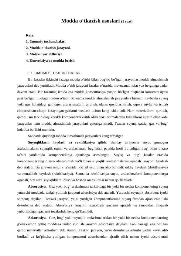 Modda o‘tkazish asoslari