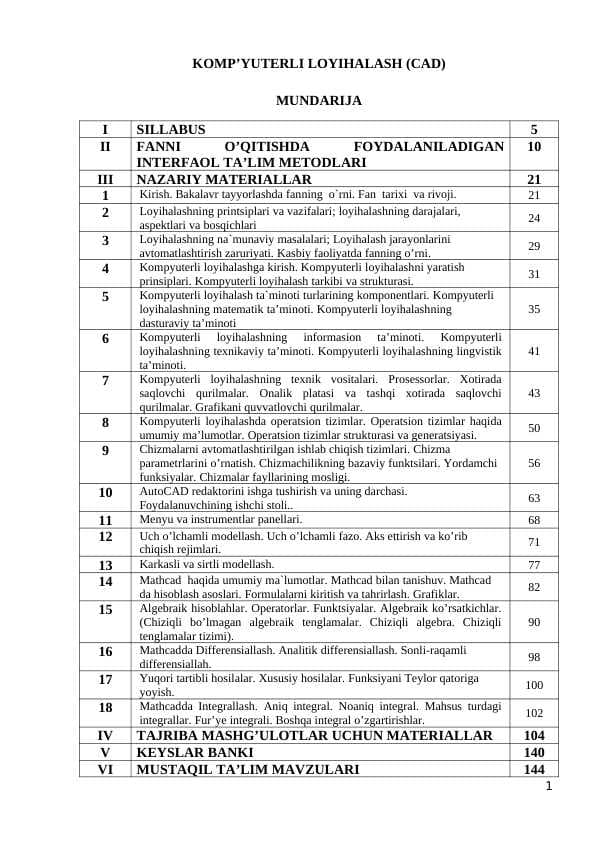 KOMPYUTERLI LOYIHALASH (CAD)