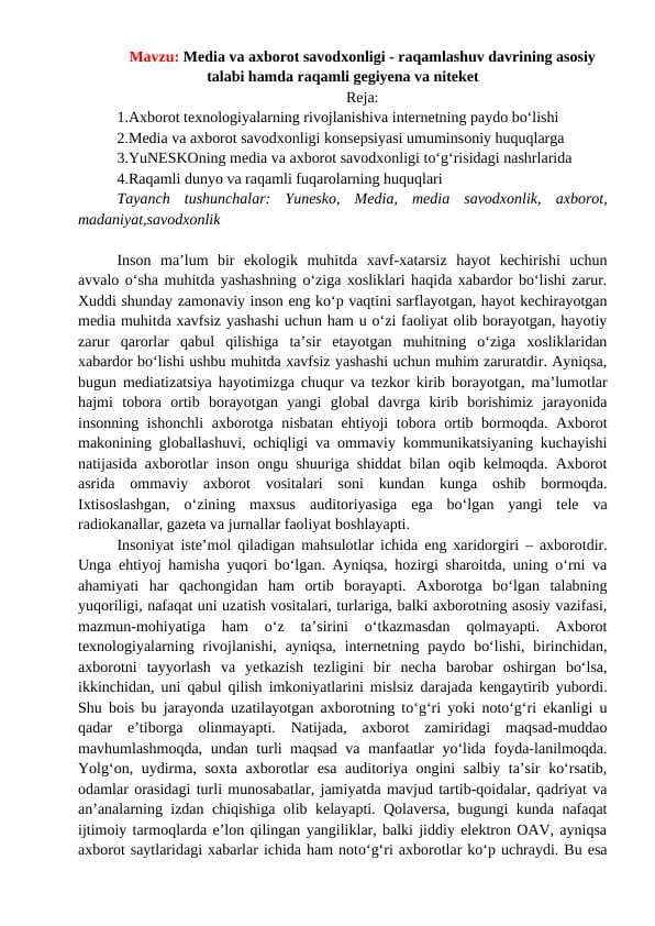 Media va axborot savodxonligi - raqamlashuv davrining asosiy talabi hamda raqamli gegiyena va niteket