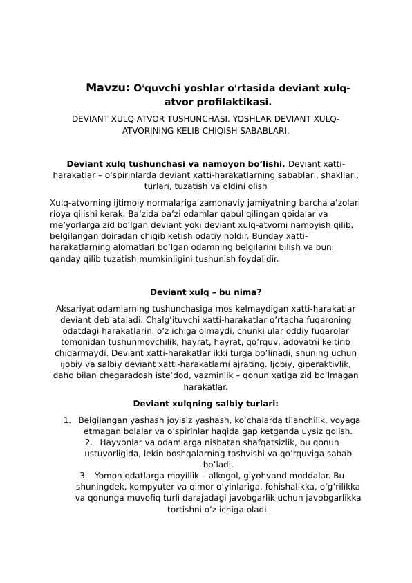 Oʻquvchi yoshlar oʻrtasida deviant xulq-atvor profilaktikasi