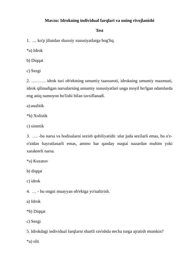 Idrokning individual farqlari va uning rivojlanishi test