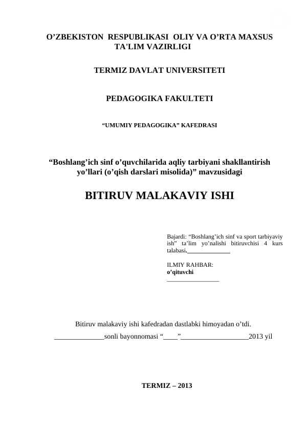 Boshlang’ich sinf o’quvchilarida aqliy tarbiyani shakllantirish yo’llari (o’qish darslari misolida)