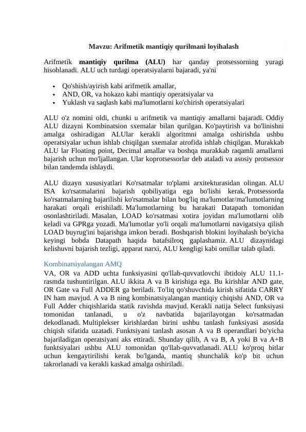 Arifmetik mantiqiy qurilmani loyihalash
