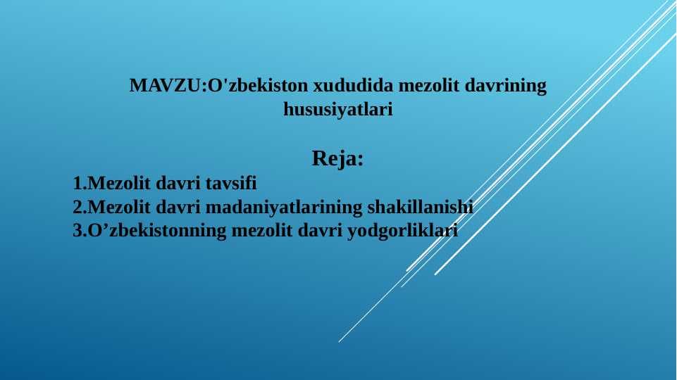 O'zbekiston xududida mezolit davrining hususiyatlari
