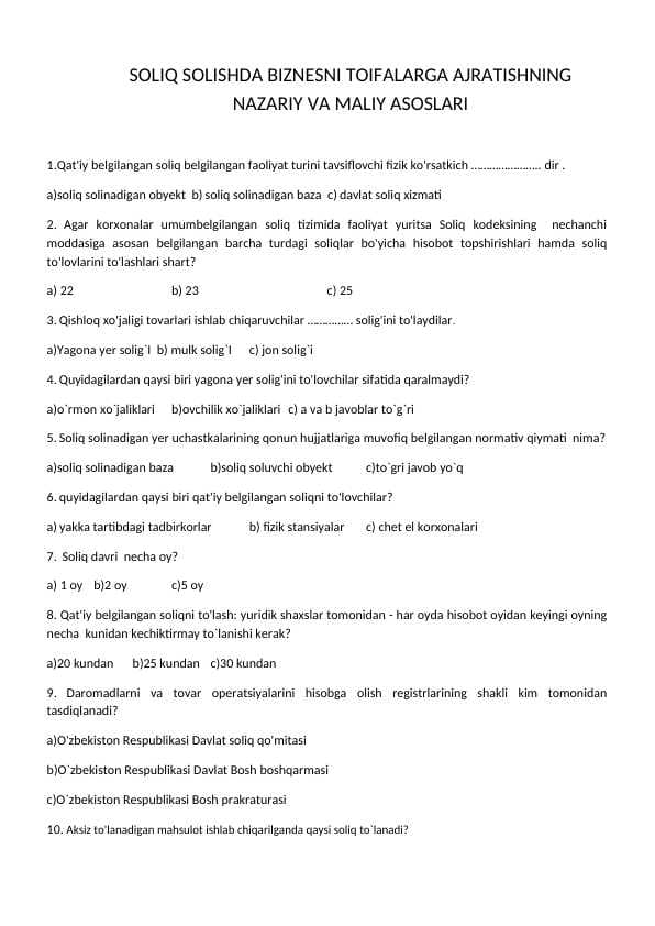 SOLIQ SOLISHDA BIZNESNI TOIFALARGA AJRATISHNING NAZARIY VA MALIY ASOSLARI