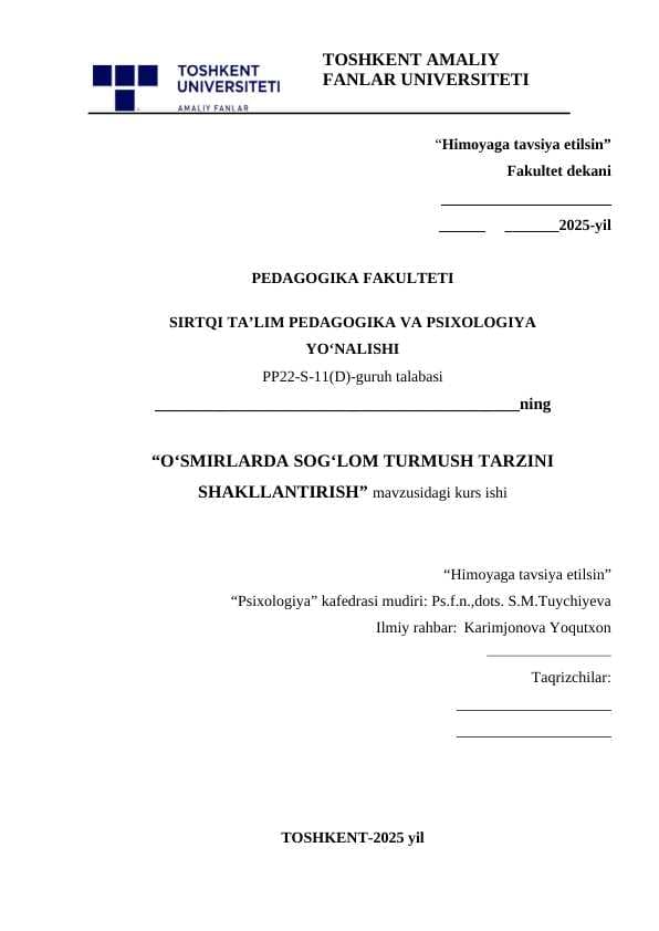O‘smirlarda sog‘lom turmush tarzini shakllantirish