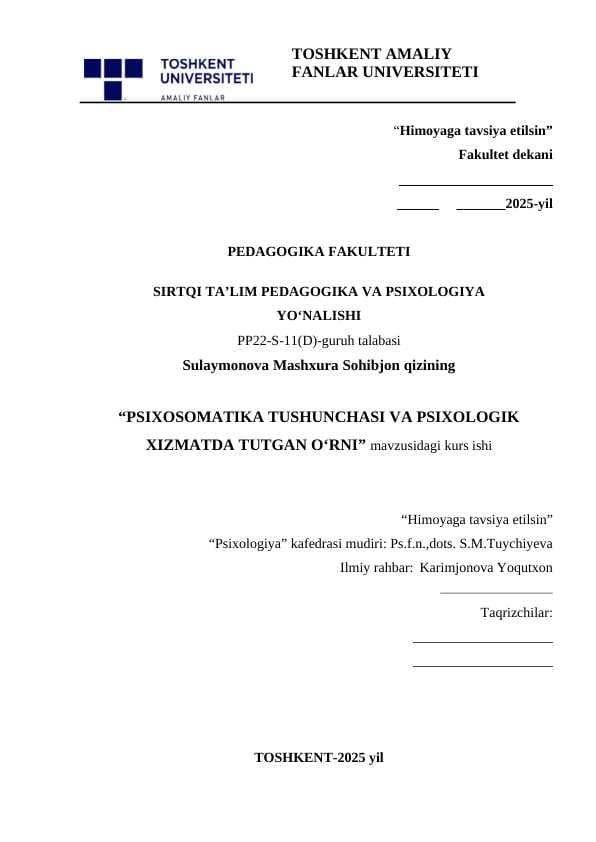 Psixosomatika tushunchasi va psixologik xizmatda tutgan o’rni