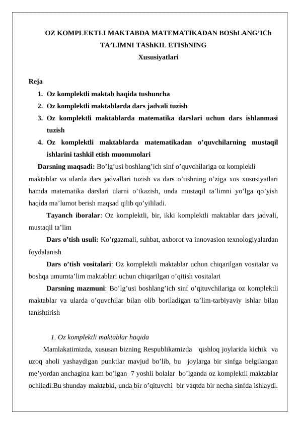 OZ KOMPLEKTLI MAKTABDA MATEMATIKADAN BOShLANG