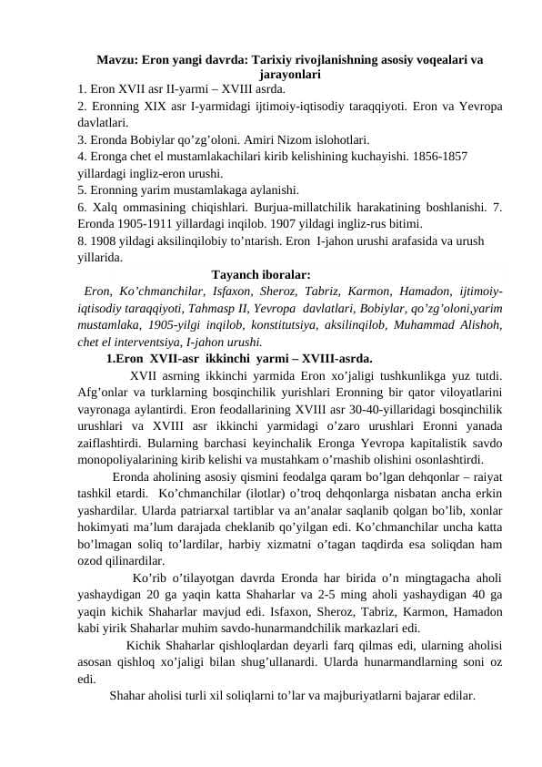 Eron yangi davrda. Tarixiy rivojlanishning asosiy voqealari va jarayonlari