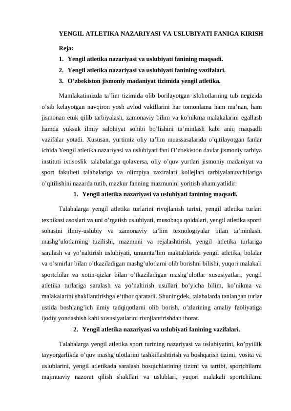 YENGIL ATLETIKA NAZARIYASI VA USLUBIYATI FANIGA KIRISH