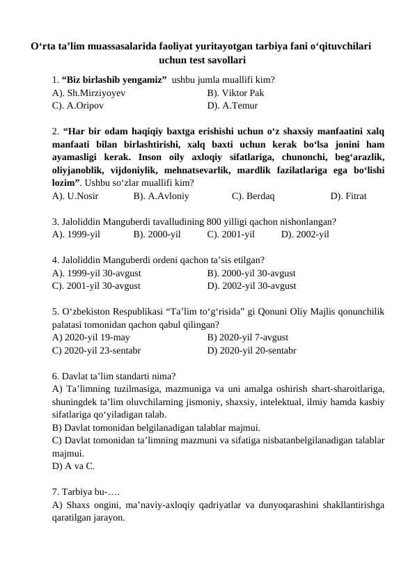 Tarbiya fanidan test savollari