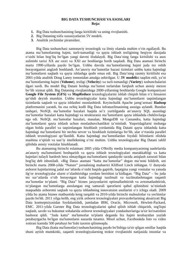 BIG DATA TUSHUNCHASI VA ASOSLARI