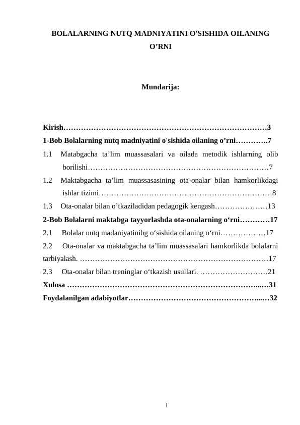 BOLALARNING NUTQ MADNIYATINI O'SISHIDA OILANING O’RNI