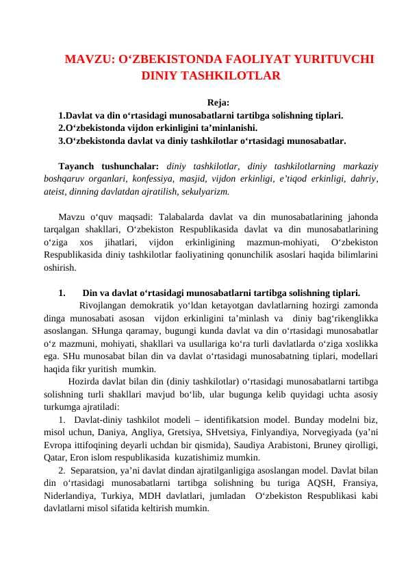O‘ZBEKISTONDA FAOLIYAT YURITUVCHI DINIY TASHKILOTLAR