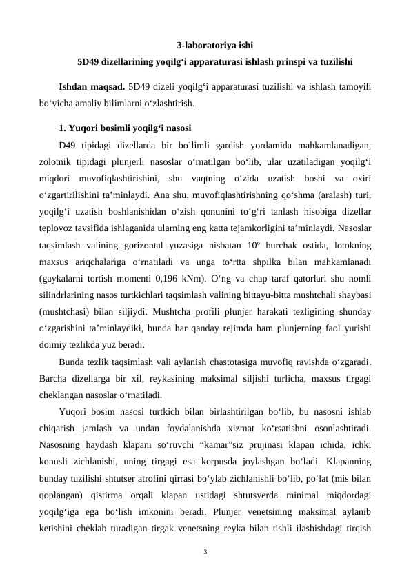 5D49 dizellarining yoqilg‘i apparaturasi ishlash prinspi va tuzilishi