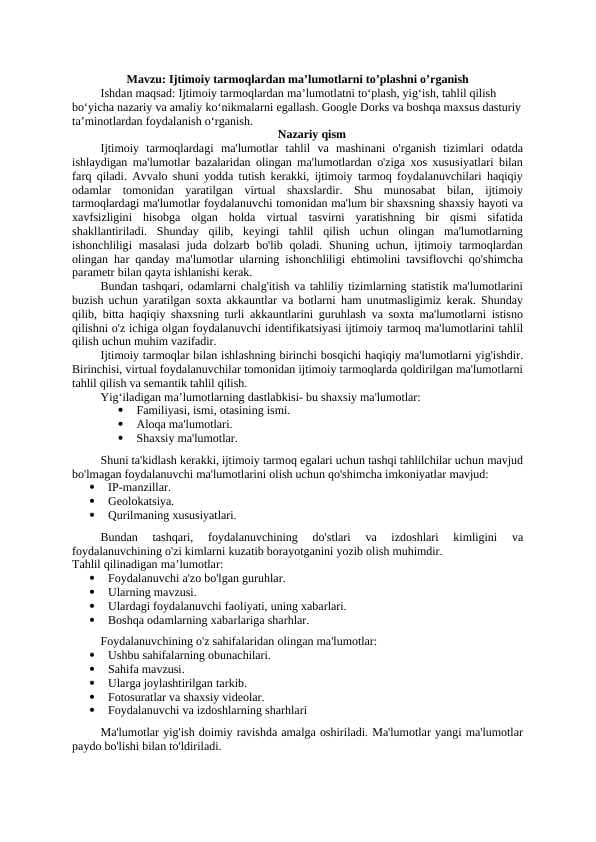 Ijtimoiy tarmoqlardan ma'lumotlarni to'plashni o'rganish