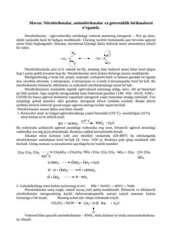 Nitrobirikmalar, aminobirikmalar va geterosiklik birikmalarni o‘rganish
