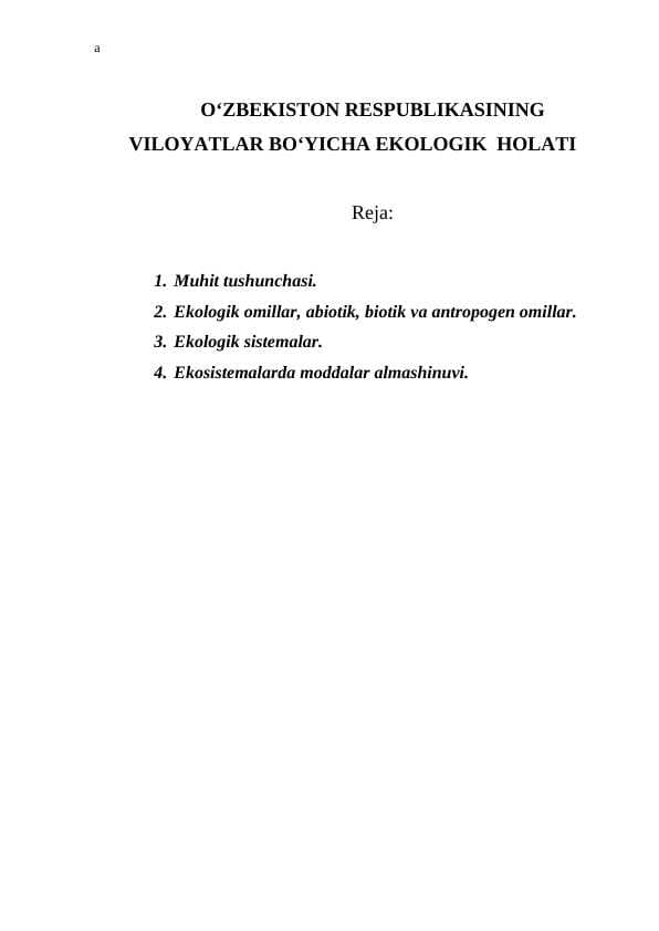 O‘ZBEKISTON RESPUBLIKASINING  VILOYATLAR BO‘YICHA EKOLOGIK  HOLATI