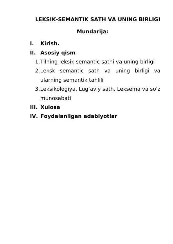 Leksik,Semantik sath va uning birligi mavzusida kurs ishi