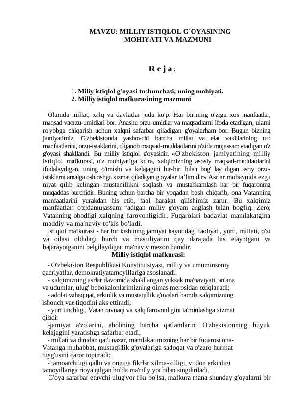 MILLIY ISTIQLOL G`OYASINING MOHIYATI VA MAZMUNI