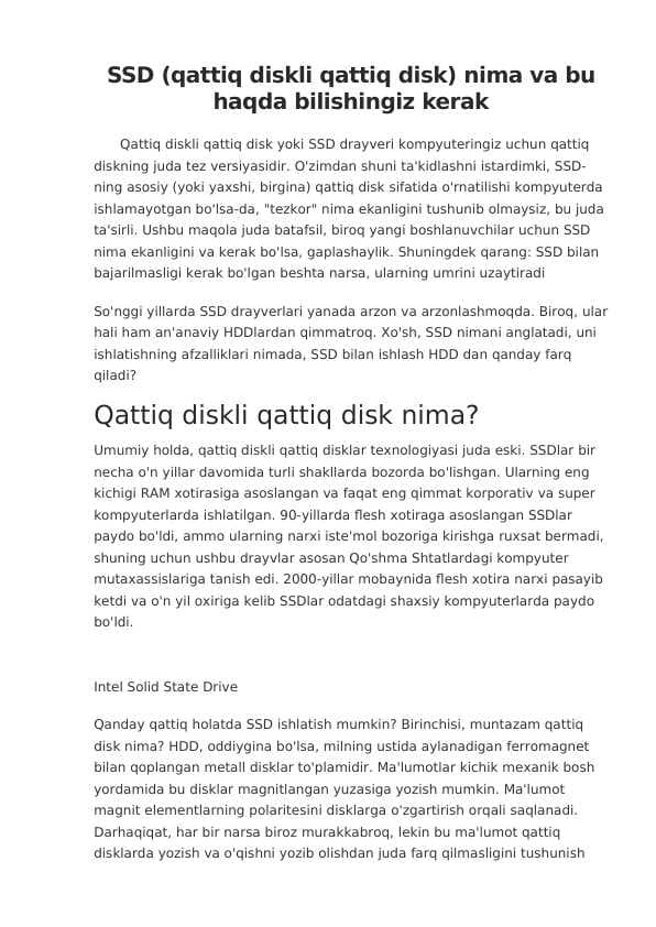 SSD (qattiq diskli qattiq disk) nima va bu haqda bilishingiz kerak