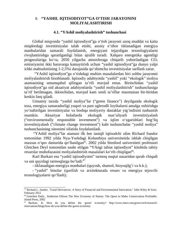 I-	“YASHIL IQTISODIYOT”GA O‘TISH JARAYONINI MOLIYALASHTIRISH