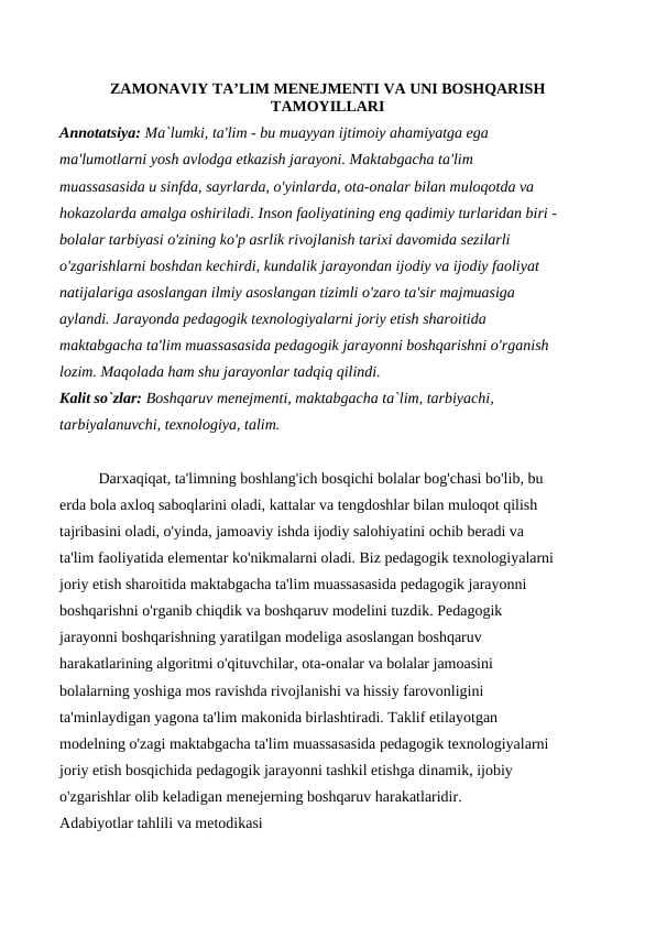 ZAMONAVIY TA’LIM MENEJMENTI VA UNI BOSHQARISH TAMOYILLARI