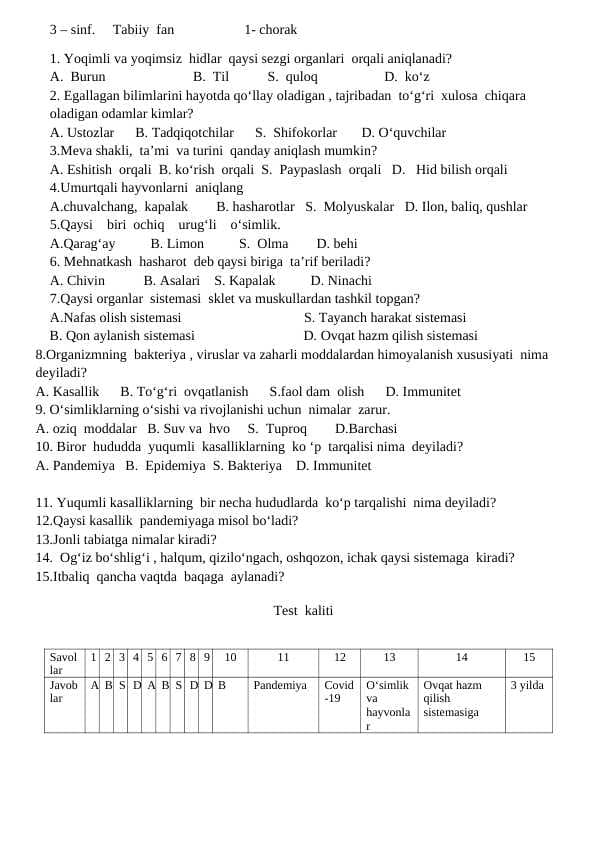 3 – sinf.     Tabiiy  fan        javoblari bilan