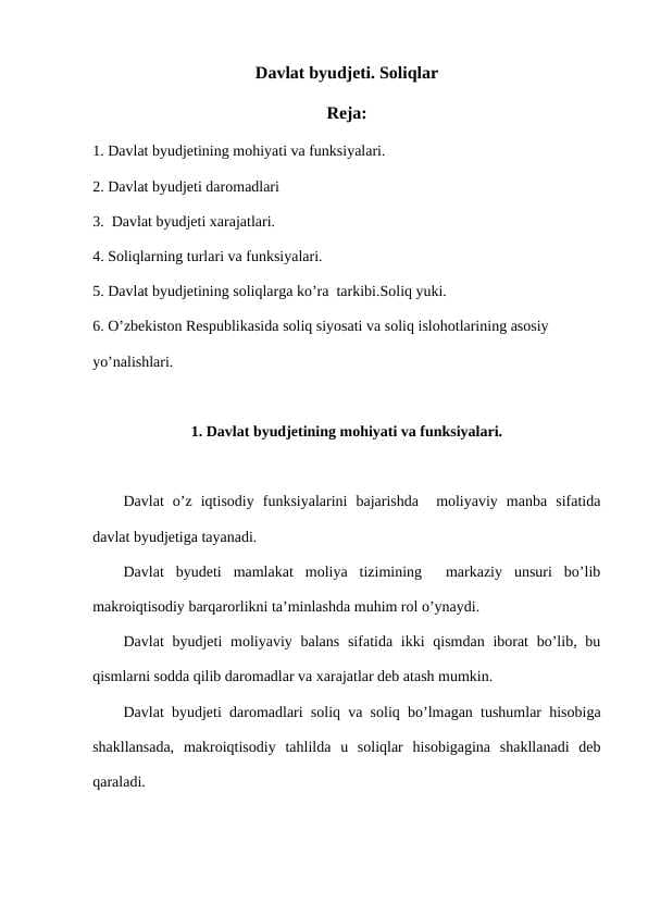 Davlat byudjeti. Soliqlar
