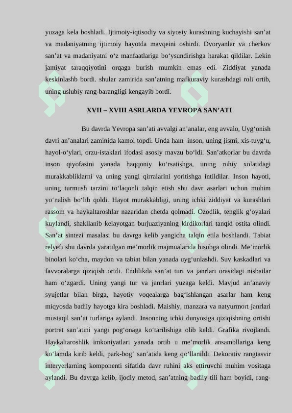 XVII – XVIII Asrlarda jahon san’ati