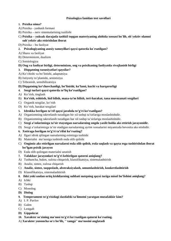Psixologiya fanidan test savollari