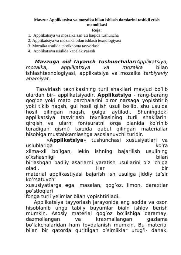 Applikatsiya va mozaika bilan ishlash darslarini tashkil etish metodikasi