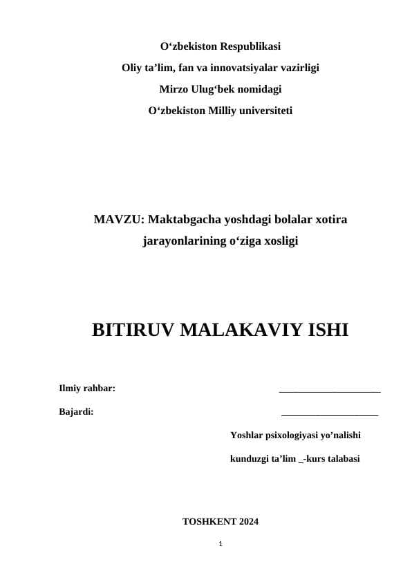 Maktabgacha yoshdagi bolalar xotira jarayonlarining o‘ziga xosligi