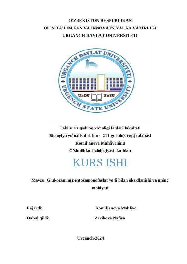 Glukozaning pentozamonofasfat yo’li bilan oksidlanishi va uning mohiyati